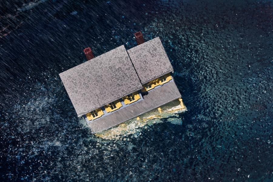 house floating on water while raining